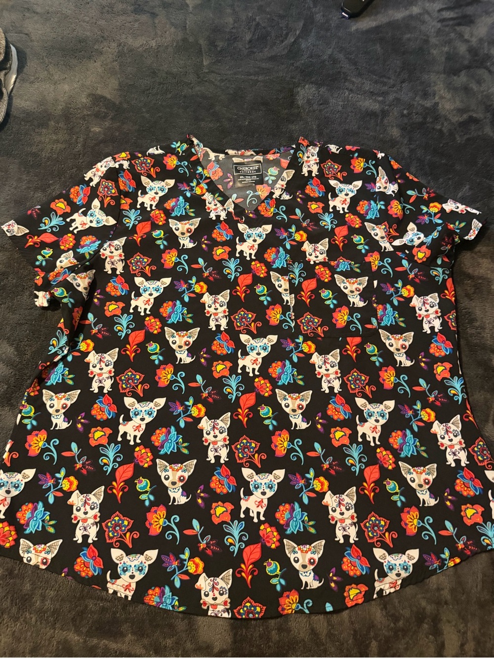 Cherokee Black Short Sleeve Top with Colorful Dog & Floral Print